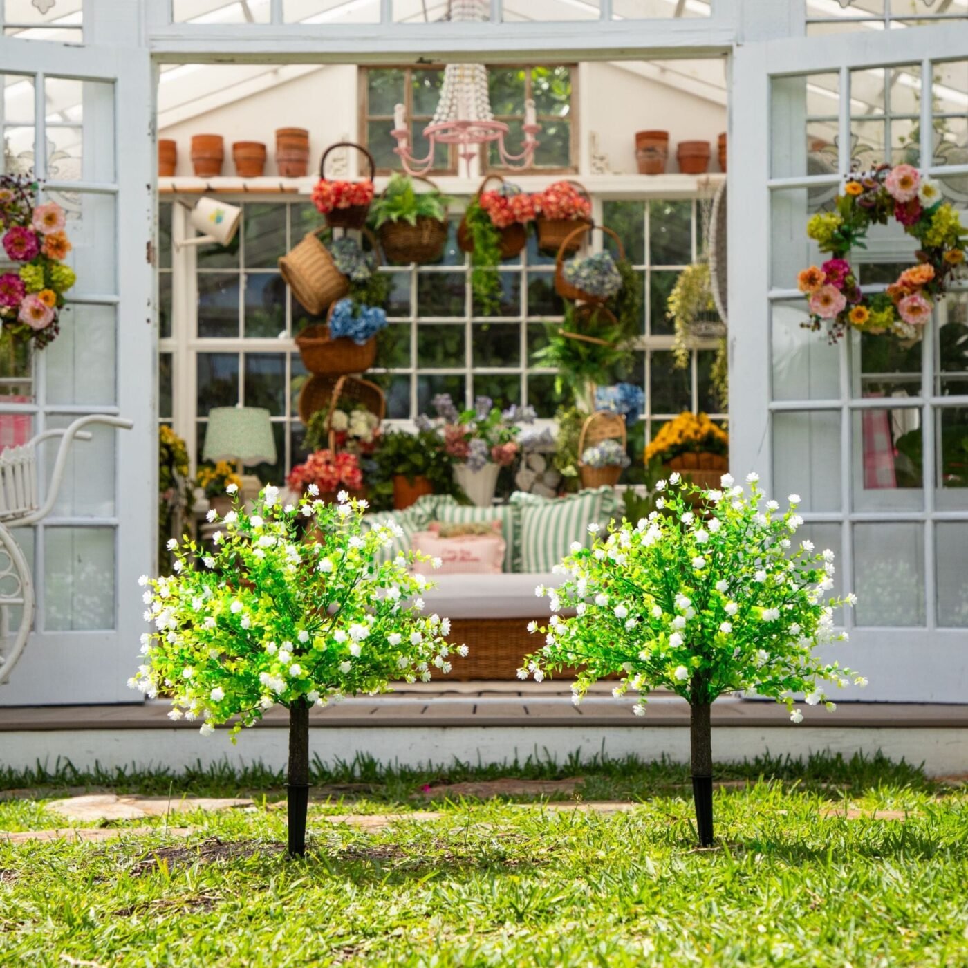 26" UV Resistant Artificial Flowering Rose Bush with Integrated Ground Stake (Indoor/Outdoor) - Set of 2