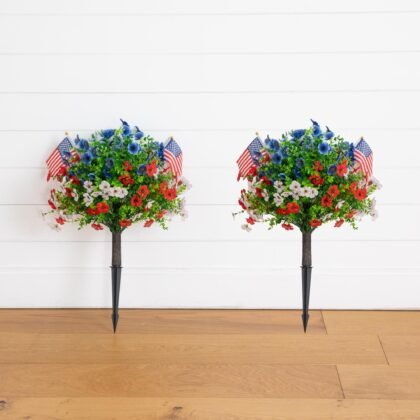 2' UV Resistant Artificial Red, White and Blue Flowering Daisy Bush with Integrated Ground Stake (Indoor/Outdoor) - Set of 2