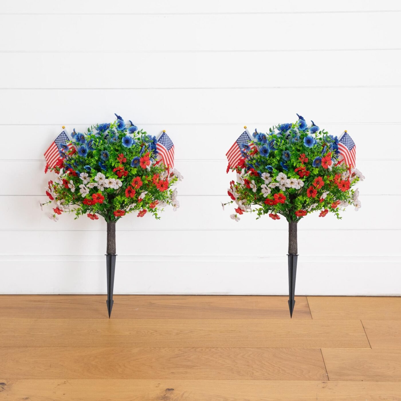 2' UV Resistant Artificial Red, White and Blue Flowering Daisy Bush with Integrated Ground Stake (Indoor/Outdoor) - Set of 2