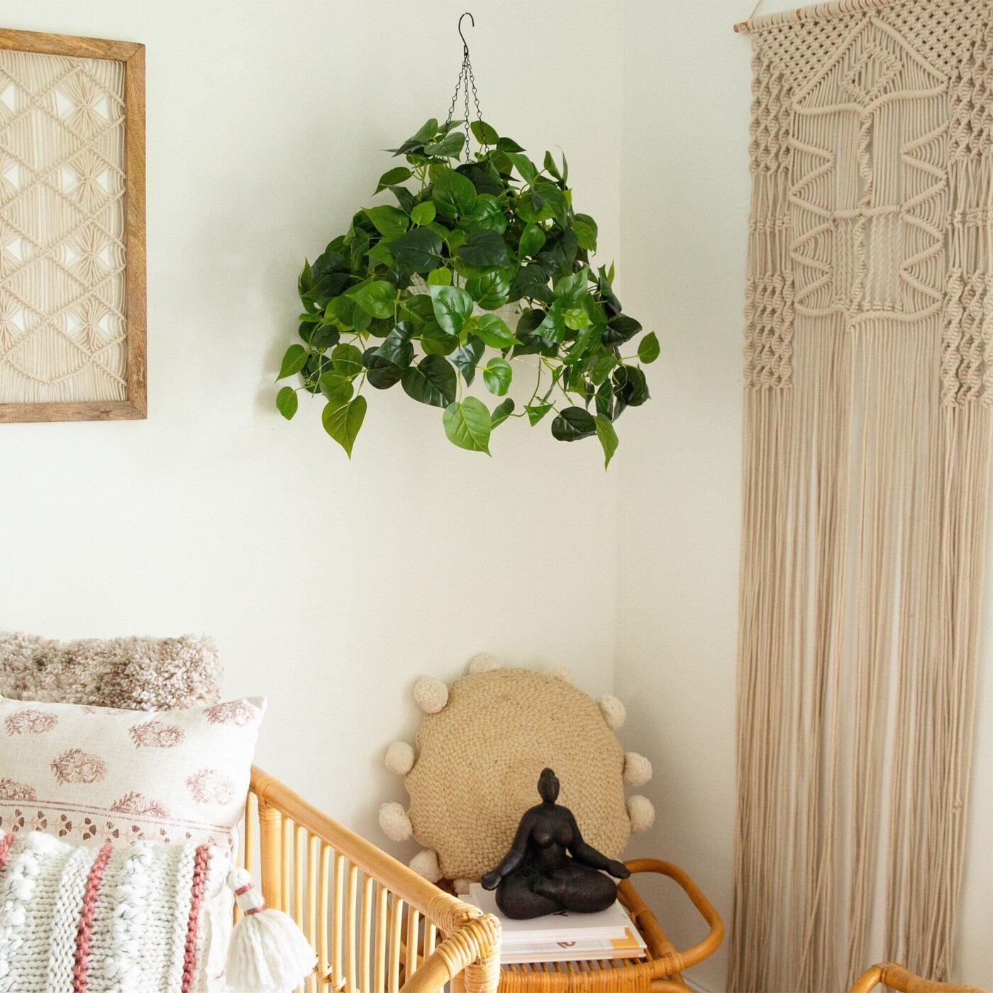 24" UV Resistant Artificial Philodendron with 50 Warm White LED Lights in White Hanging Basket