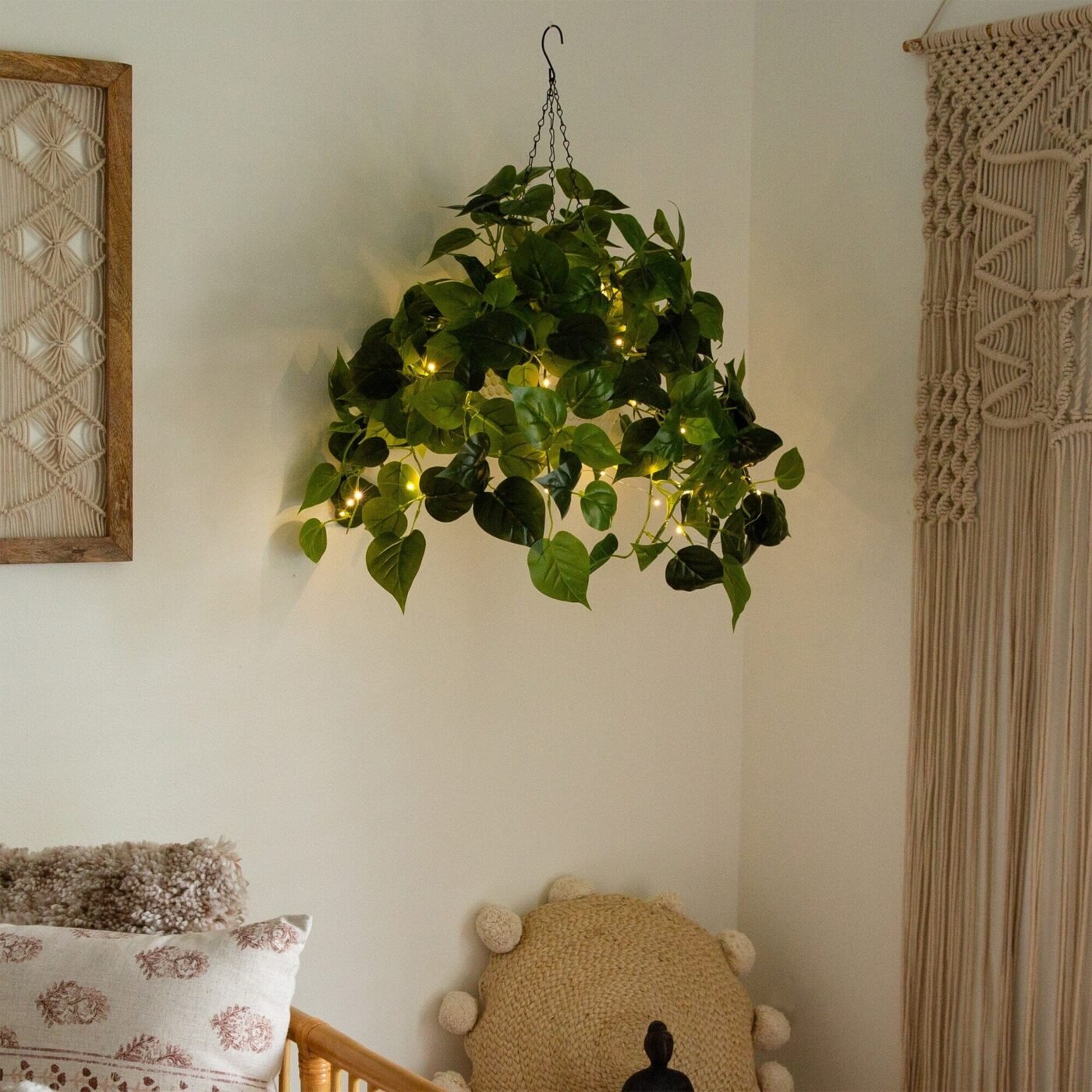 24" UV Resistant Artificial Philodendron with 50 Warm White LED Lights in White Hanging Basket