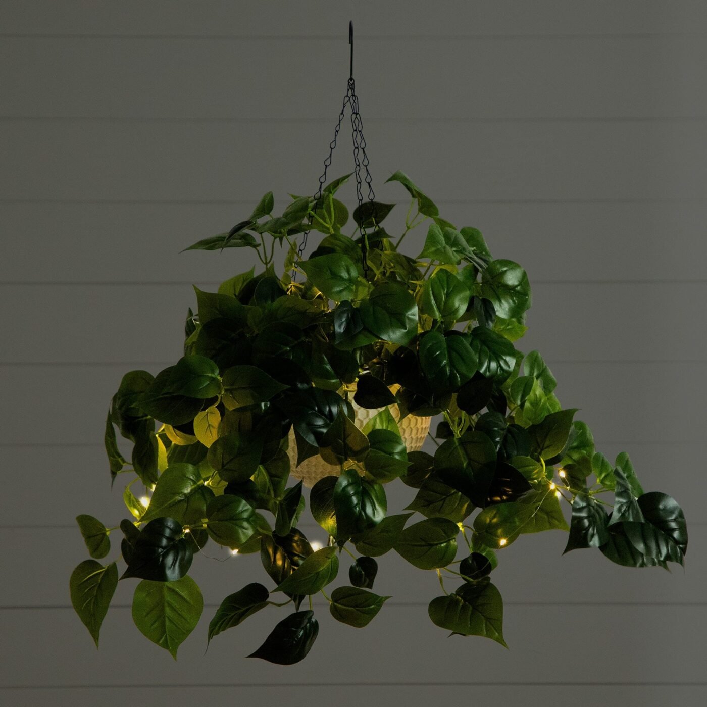24" UV Resistant Artificial Philodendron with 50 Warm White LED Lights in White Hanging Basket