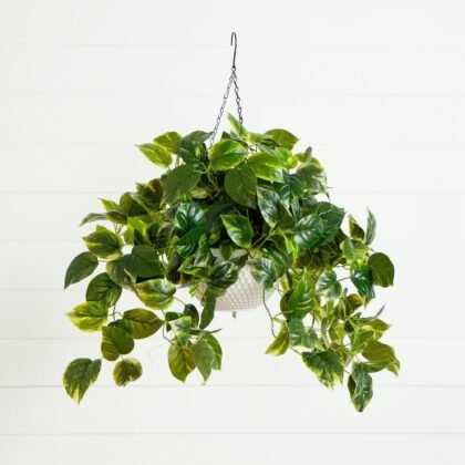 24"UV Resistant Artificial Pothos with 50 Warm White LED Lights in White Hanging Basket