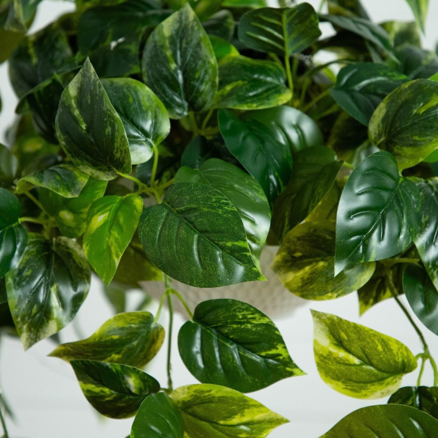 24"UV Resistant Artificial Pothos with 50 Warm White LED Lights in White Hanging Basket