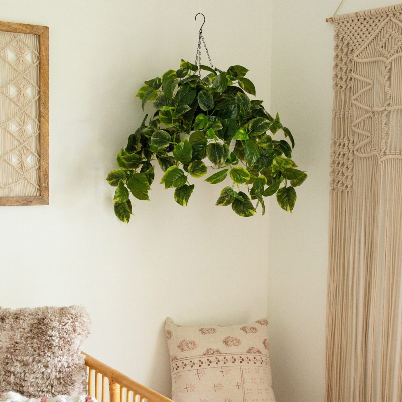 24"UV Resistant Artificial Pothos with 50 Warm White LED Lights in White Hanging Basket