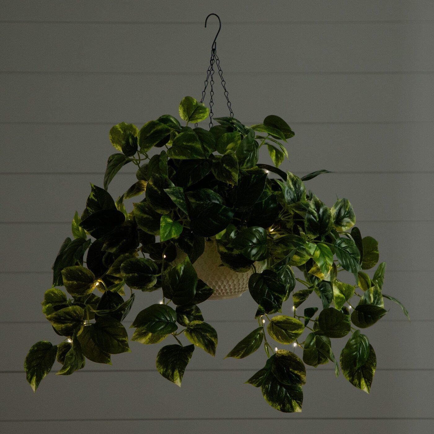24"UV Resistant Artificial Pothos with 50 Warm White LED Lights in White Hanging Basket