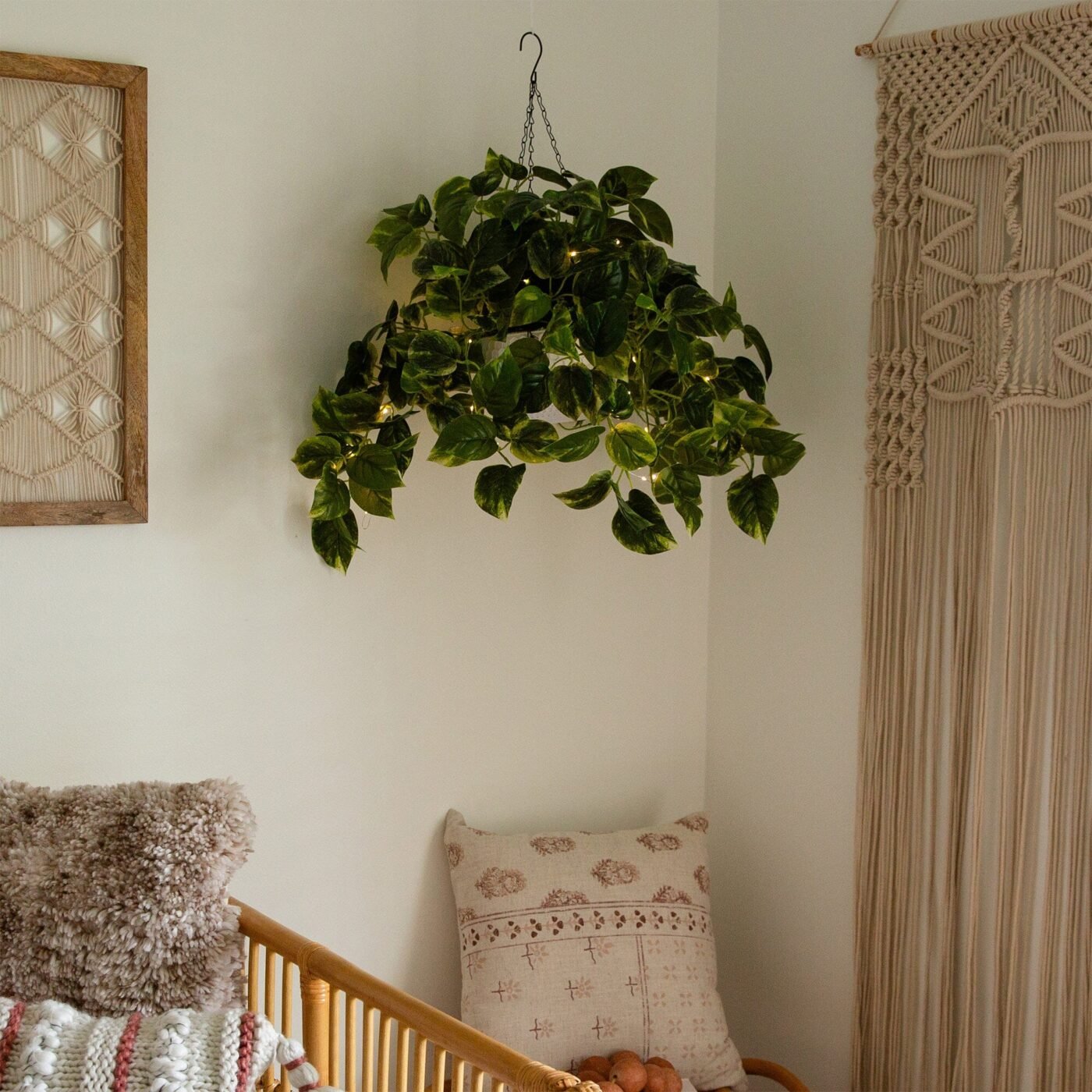 24"UV Resistant Artificial Pothos with 50 Warm White LED Lights in White Hanging Basket