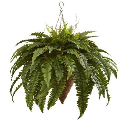 26" Artificial Giant Boston Fern with Cone Hanging Basket