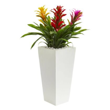 26" Triple Bromeliad Plant in White Tower Planter