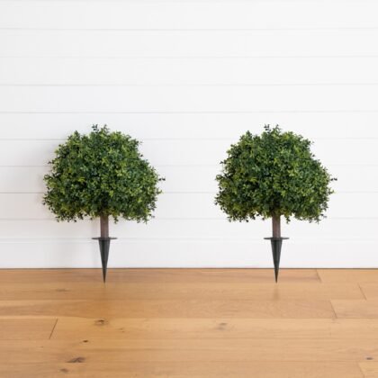 27" UV Resistant Artificial Boxwood Topiary with Integrated Ground Stake (Indoor/Outdoor) - Set of 2