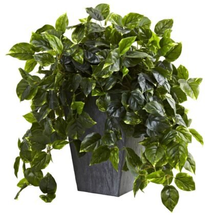29" Artificial Pothos In Slate Planter UV Resistant (Indoor/Outdoor)