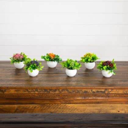 3.5" Artificial Mini Flowering Arrangement in White Decorative Oval Planter - Set of 6