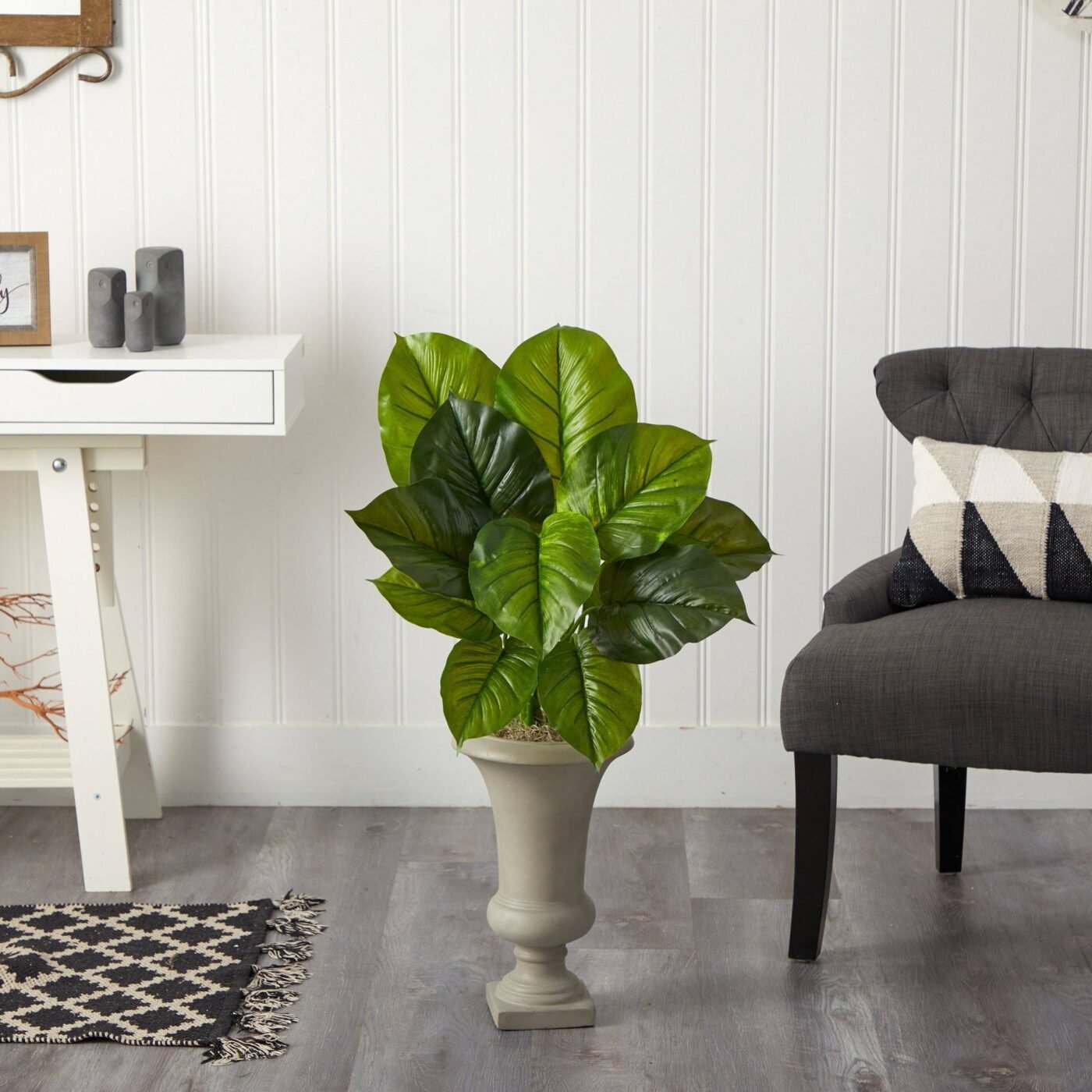 3' Large Philodendron Leaf Artificial Plant in Sand Colored Urn