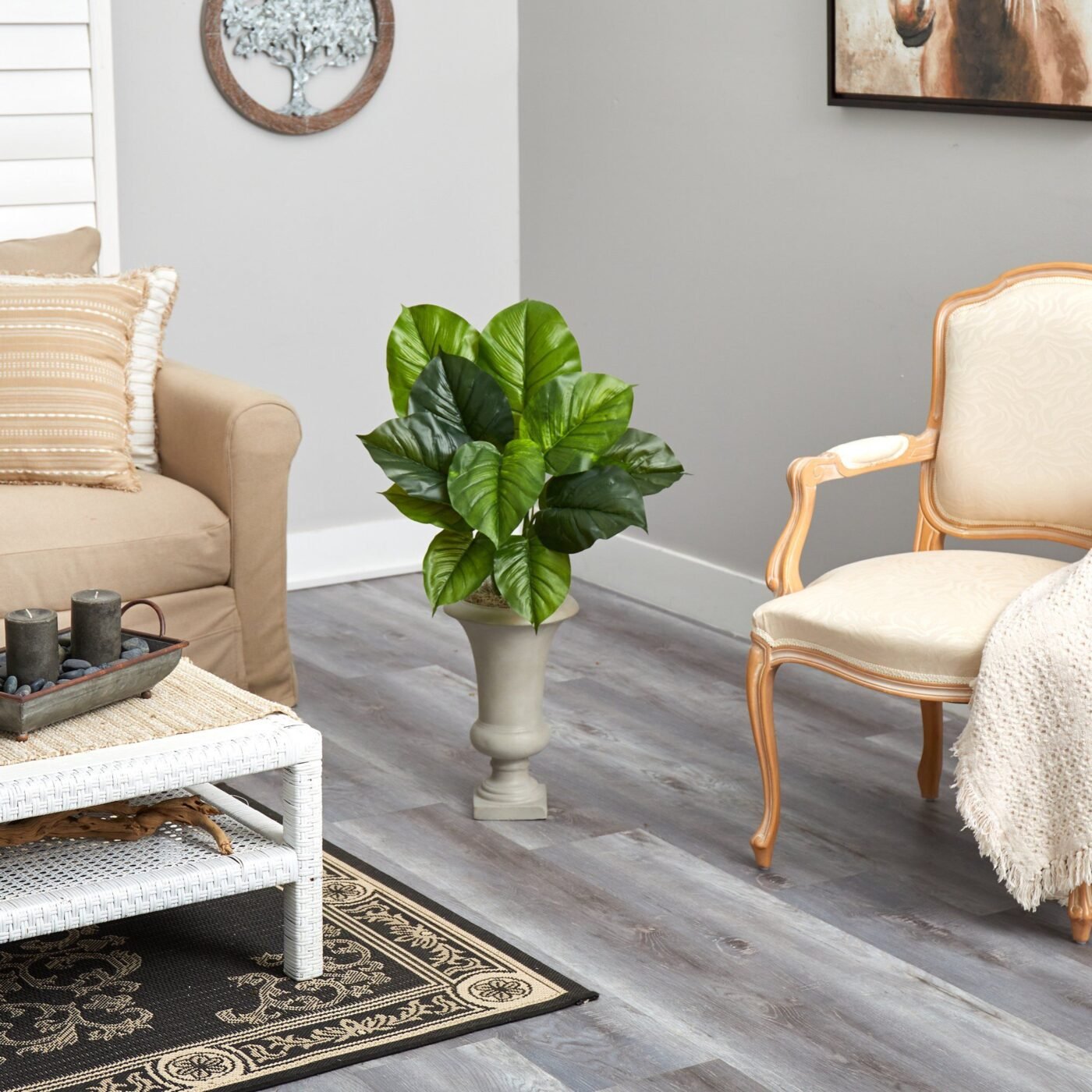3' Large Philodendron Leaf Artificial Plant in Sand Colored Urn