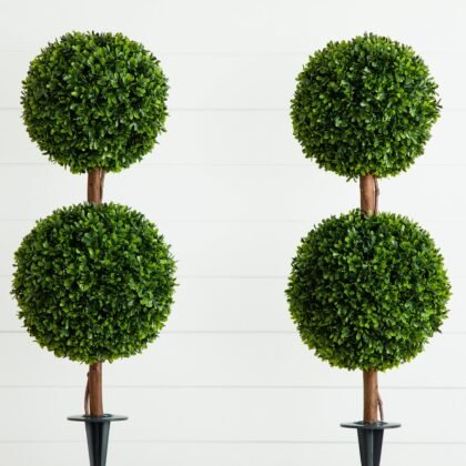 3' UV Resistant Artificial Double Ball Boxwood Topiary with Integrated Ground Stake (Indoor/Outdoor) - Set of 2