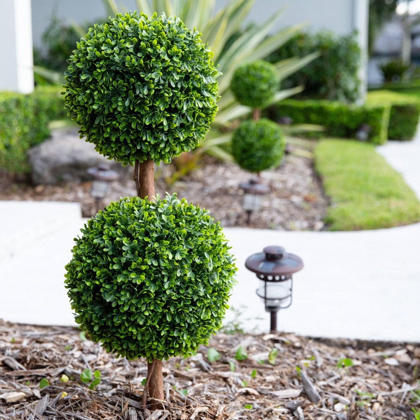 3' UV Resistant Artificial Double Ball Boxwood Topiary with Integrated Ground Stake (Indoor/Outdoor) - Set of 2
