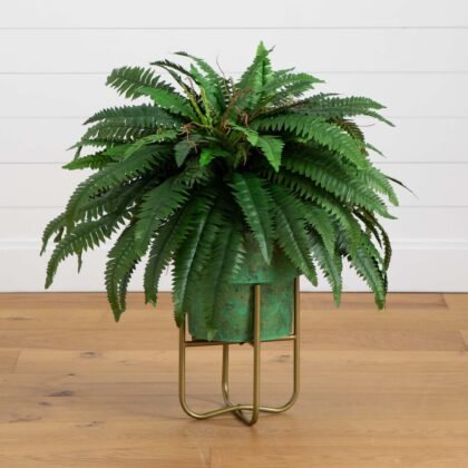 31" Artificial Boston Fern in Patina Metal Planter with Stand