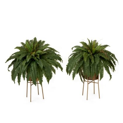 32" Artificial Boston Fern Plant with Metal Planter with Stand DIY KIT - Set of 2