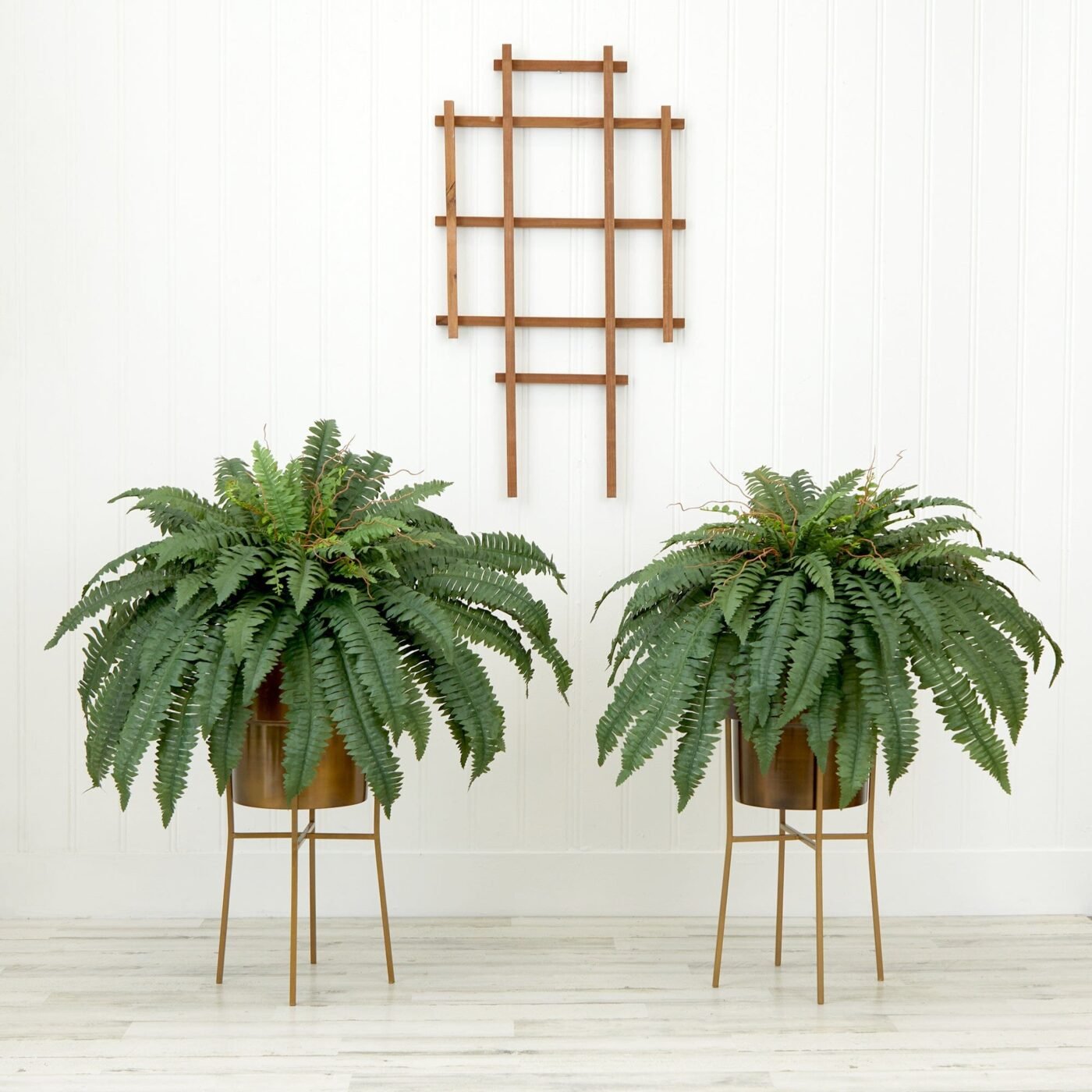 32" Artificial Boston Fern Plant with Metal Planter with Stand DIY KIT - Set of 2