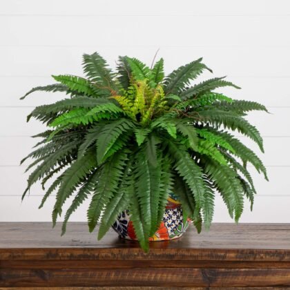 32" Artificial Double Boston Fern in Handmade Mexican Talavera Ceramic Planter