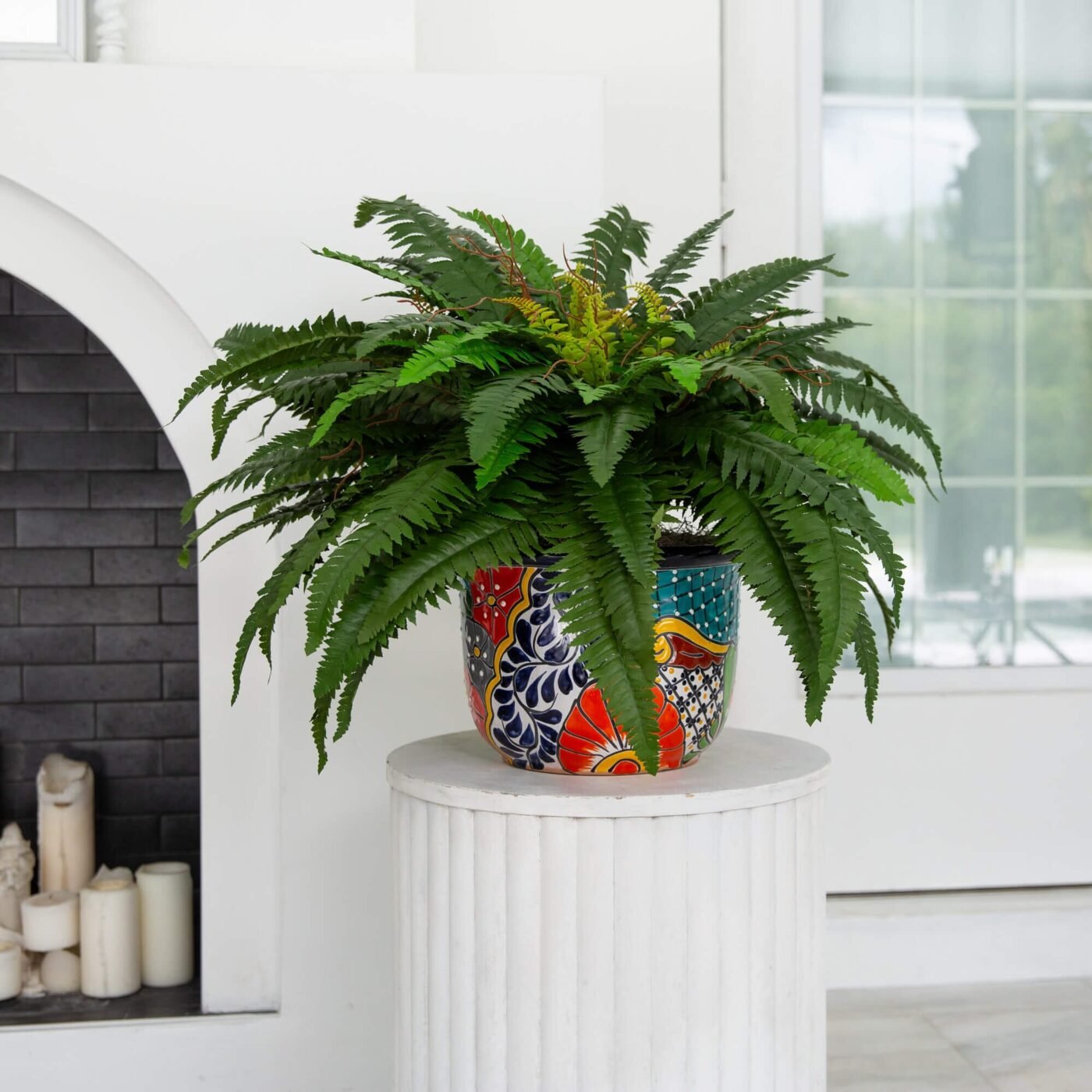 32" Artificial Double Boston Fern in Handmade Mexican Talavera Ceramic Planter