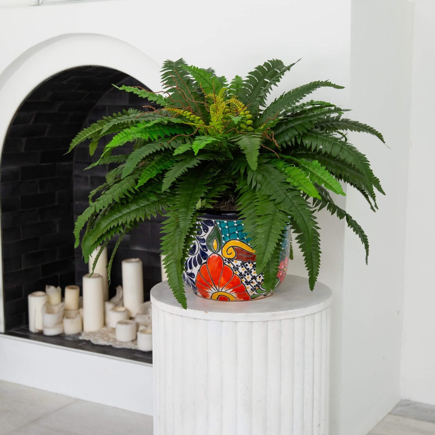 32" Artificial Double Boston Fern in Handmade Mexican Talavera Ceramic Planter