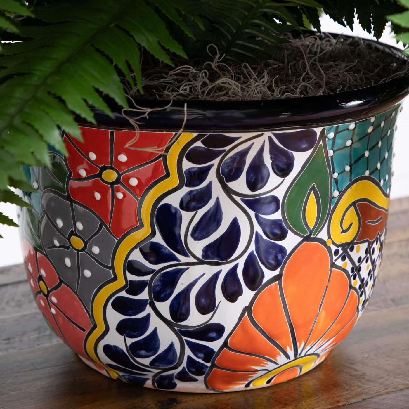 32" Artificial Double Boston Fern in Handmade Mexican Talavera Ceramic Planter