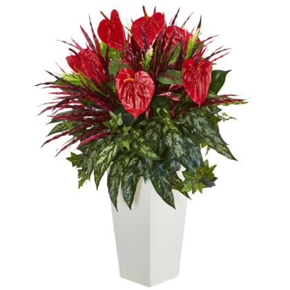 33" Mixed Anthurium Artificial Plant in White Tower Vase
