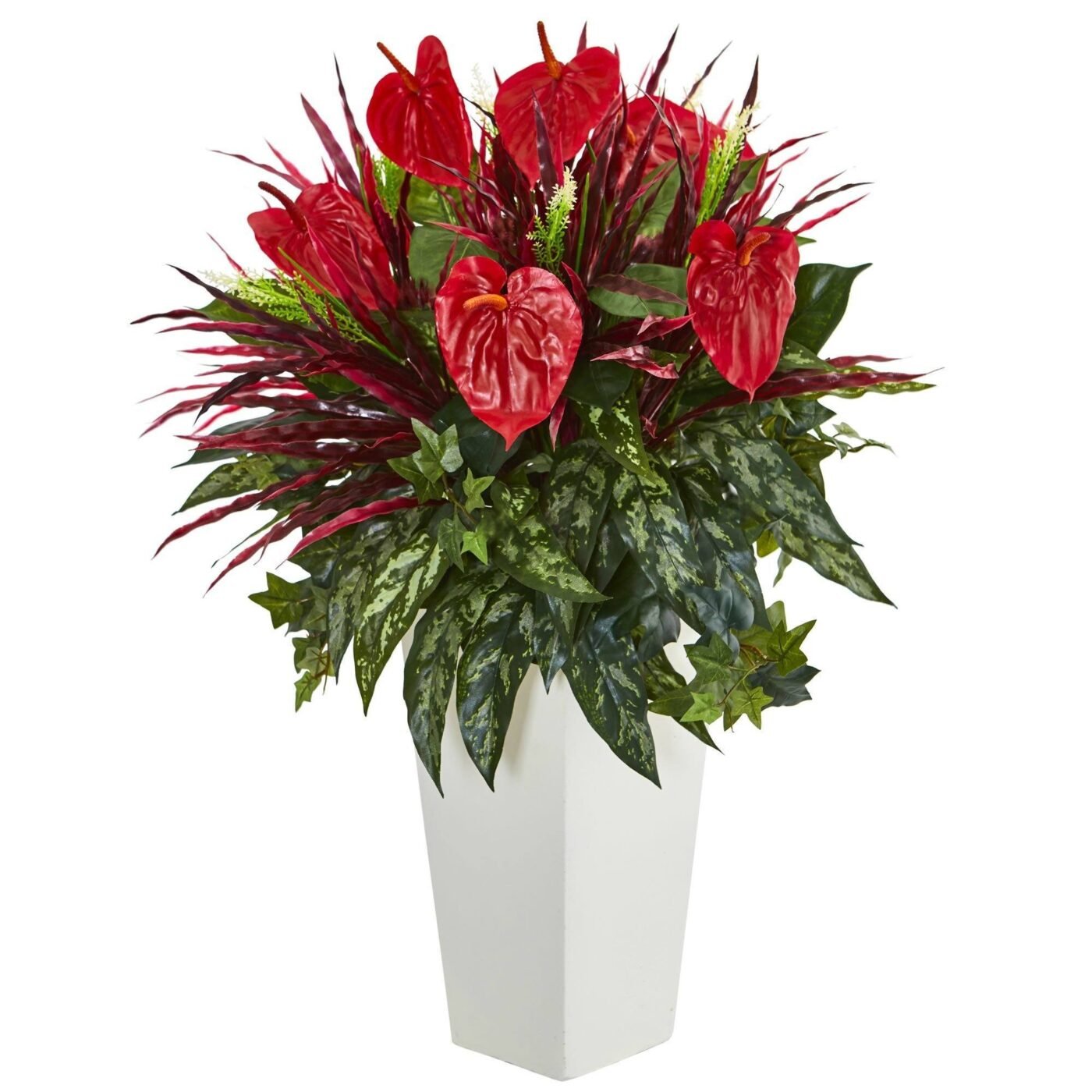 33" Mixed Anthurium Artificial Plant in White Tower Vase