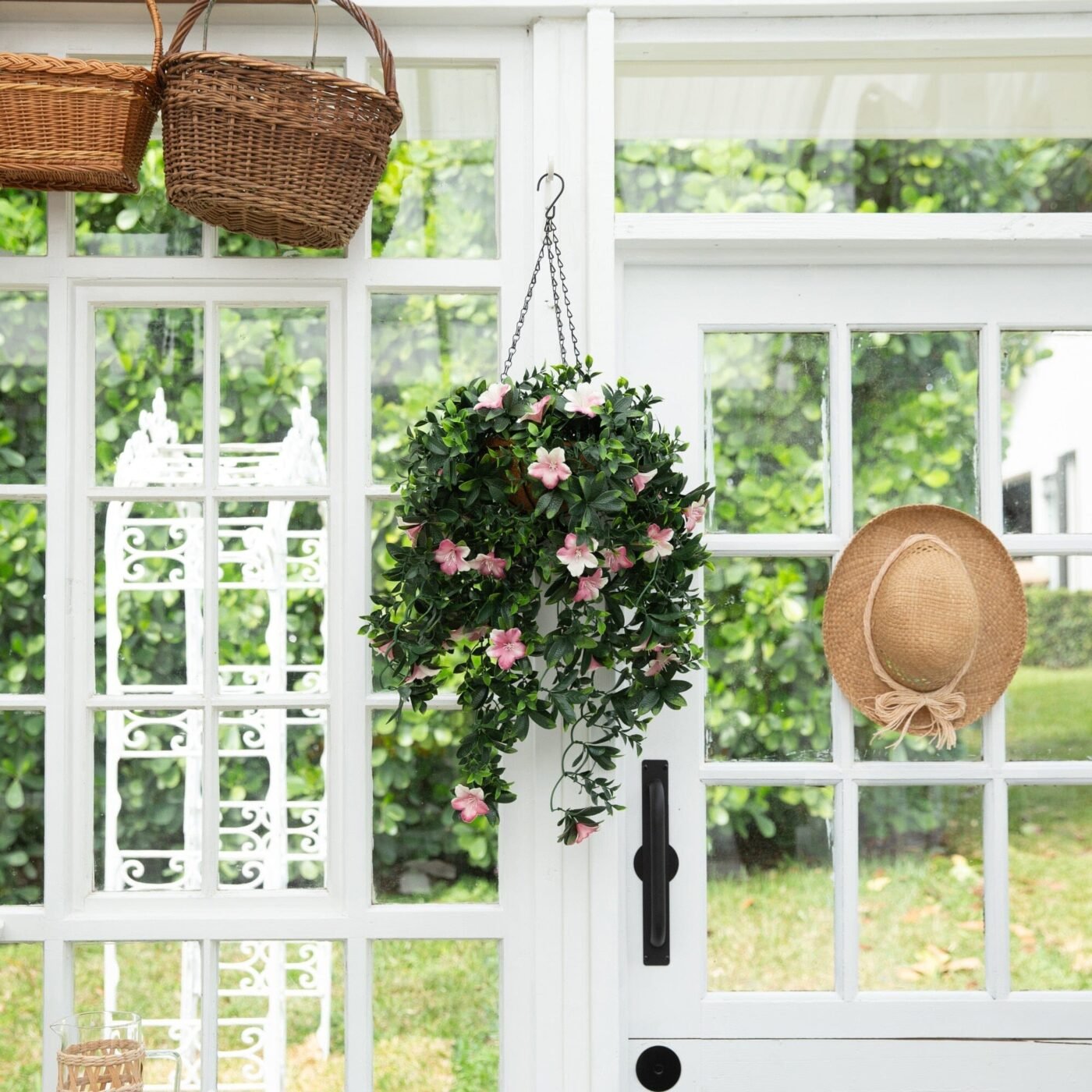 34" UV Resistant Artificial Azalea Hanging Basket (Indoor/Outdoor)