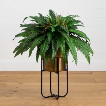 35" Artificial Boston Fern in Brass Metal Planter with Stand