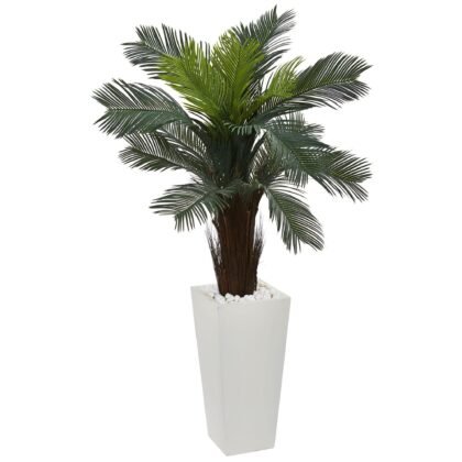 4.5' Cycas Artificial Plant in White Tower Planter Indoor/Outdoor