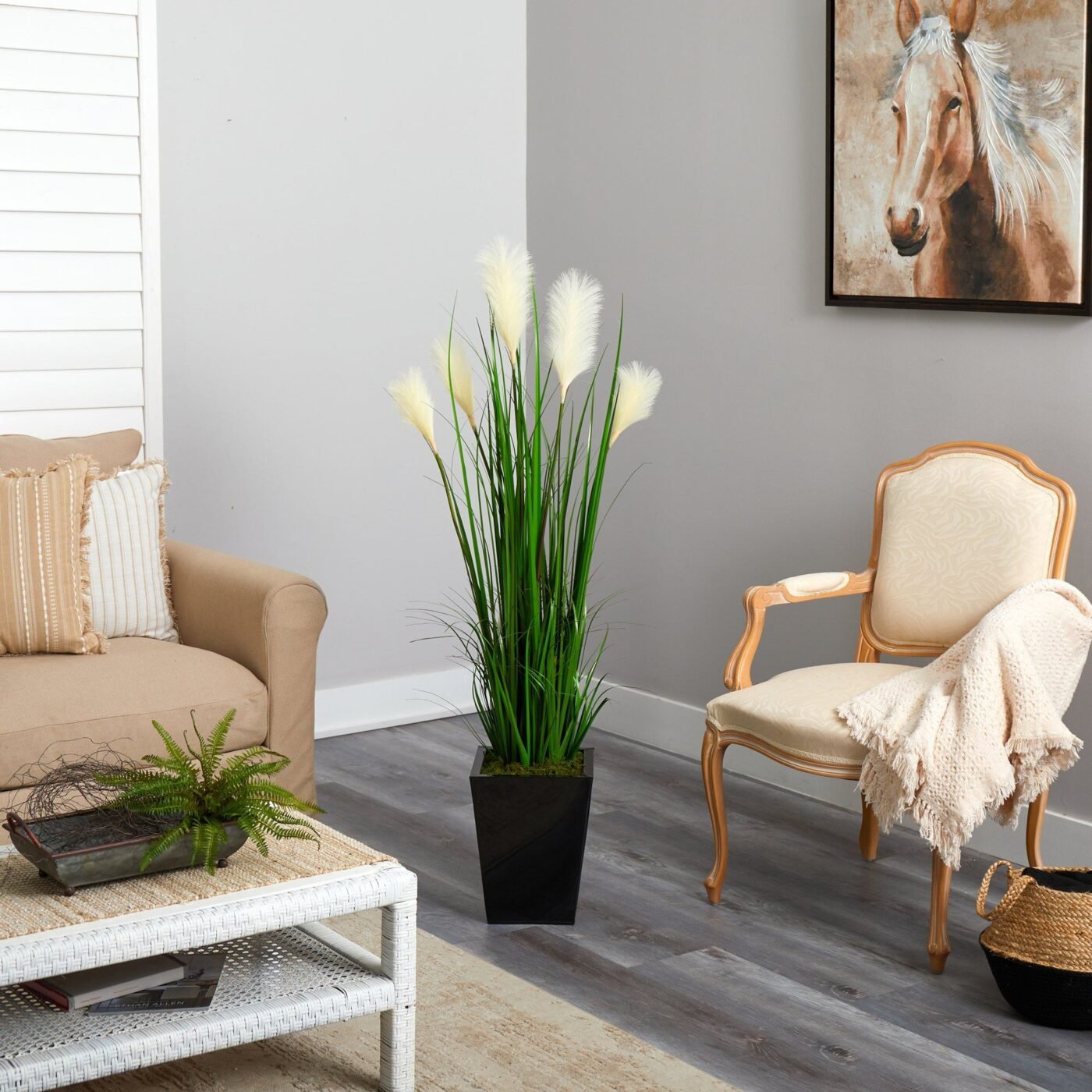 4.5' Wheat Plum Grass Artificial Plant in Black Metal Planter