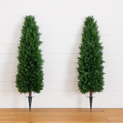 4-ft UV Resistant Artificial Cedar Plant with Integrated Ground Stake (Indoor/Outdoor) - Set of 2