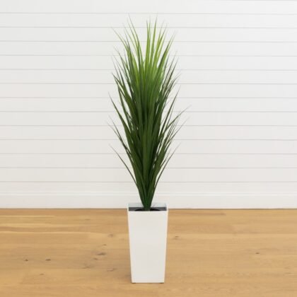 4.5' UV Resistant Artificial Grass Plant in White Tower Planter (Indoor/Outdoor)