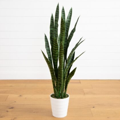 4' UV Resistant Artificial Sansevieria Plant in White Decorative Planter (Indoor/Outdoor)