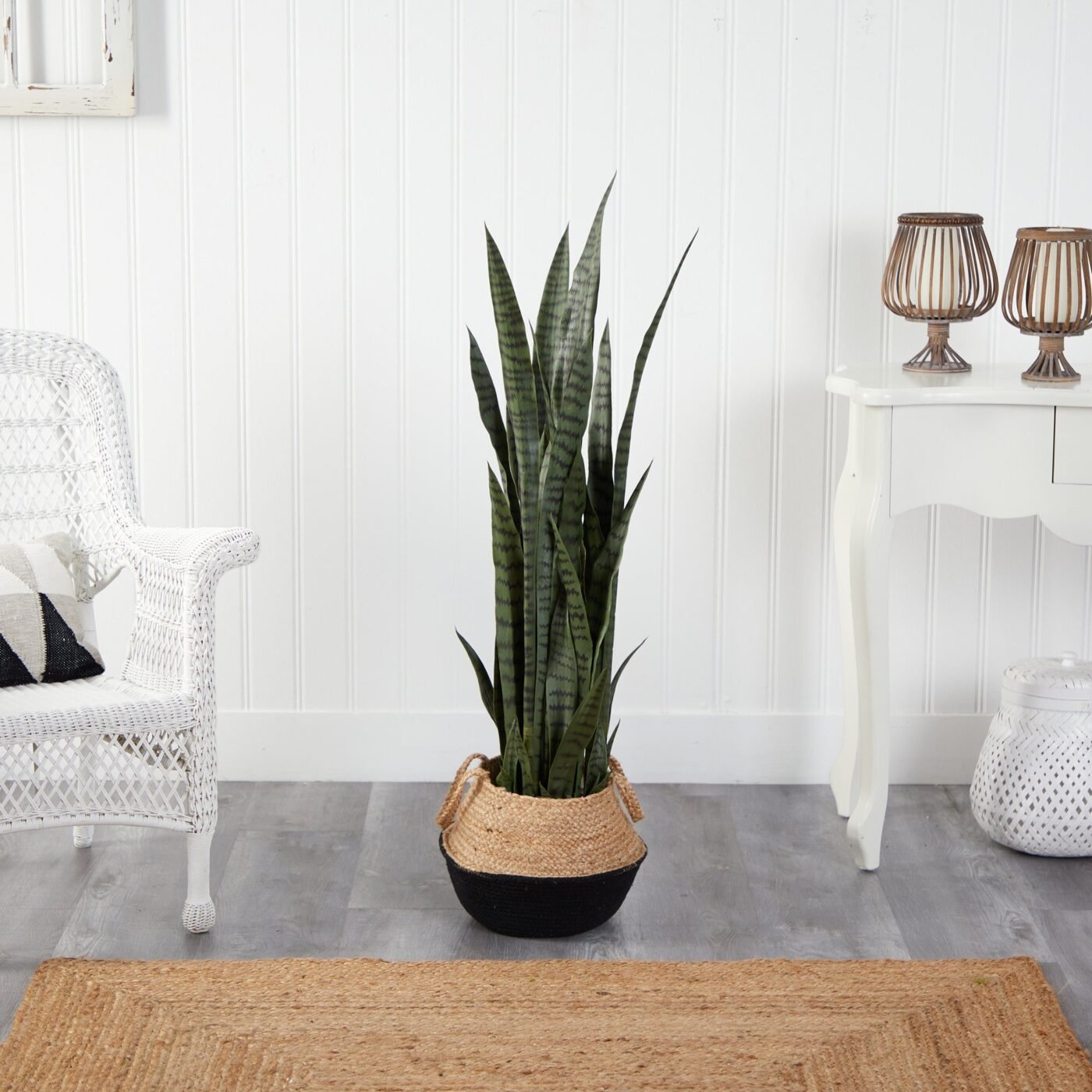 46" Sansevieria Plant in Cotton & Jute Black Woven Planter