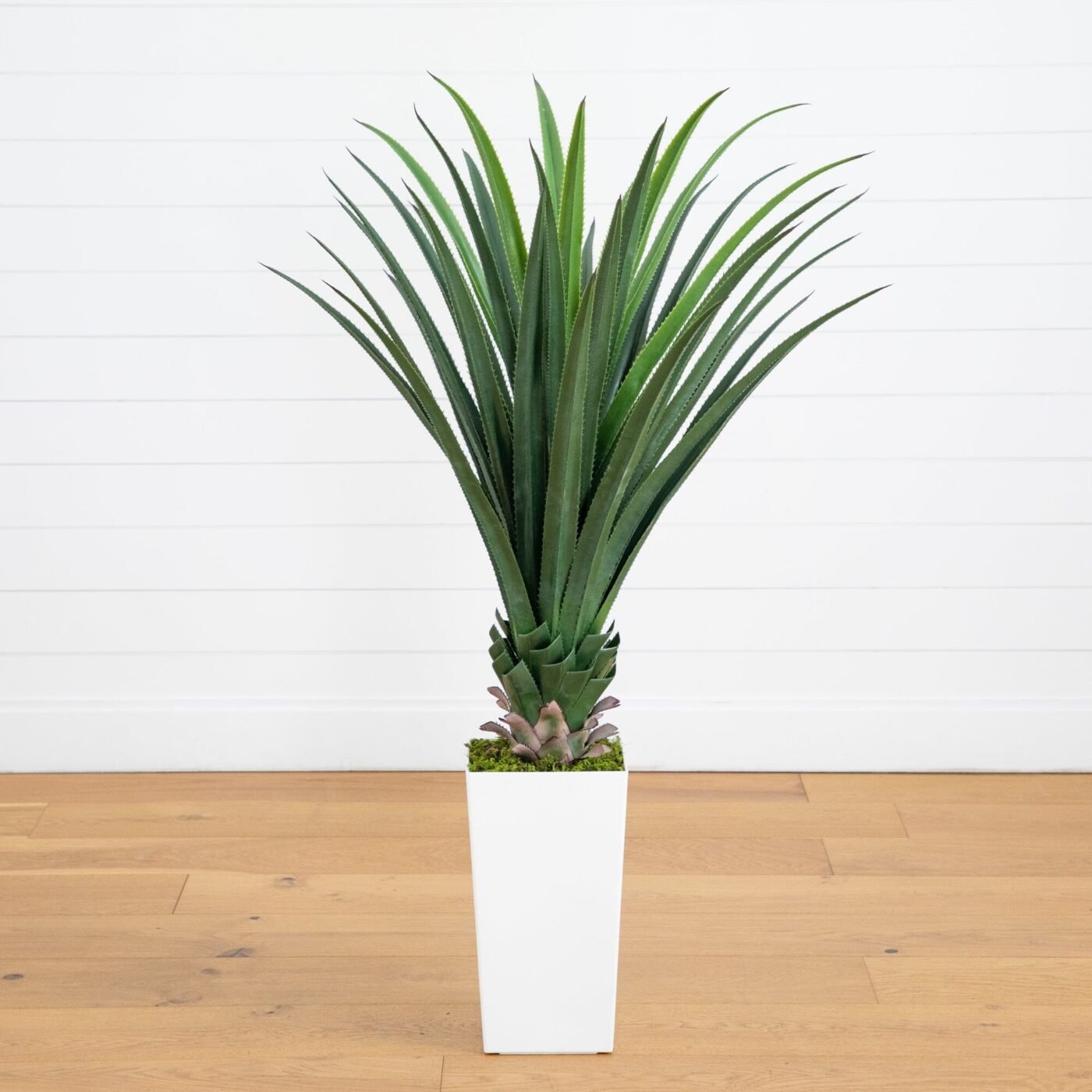 4' UV Resistant Artificial Spiked Agave Plant in White Tower Planter (Indoor/Outdoor)