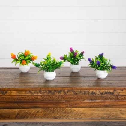 5" Artificial Mini Flowering Plant in White Decorative Oval Planter - Set of 4
