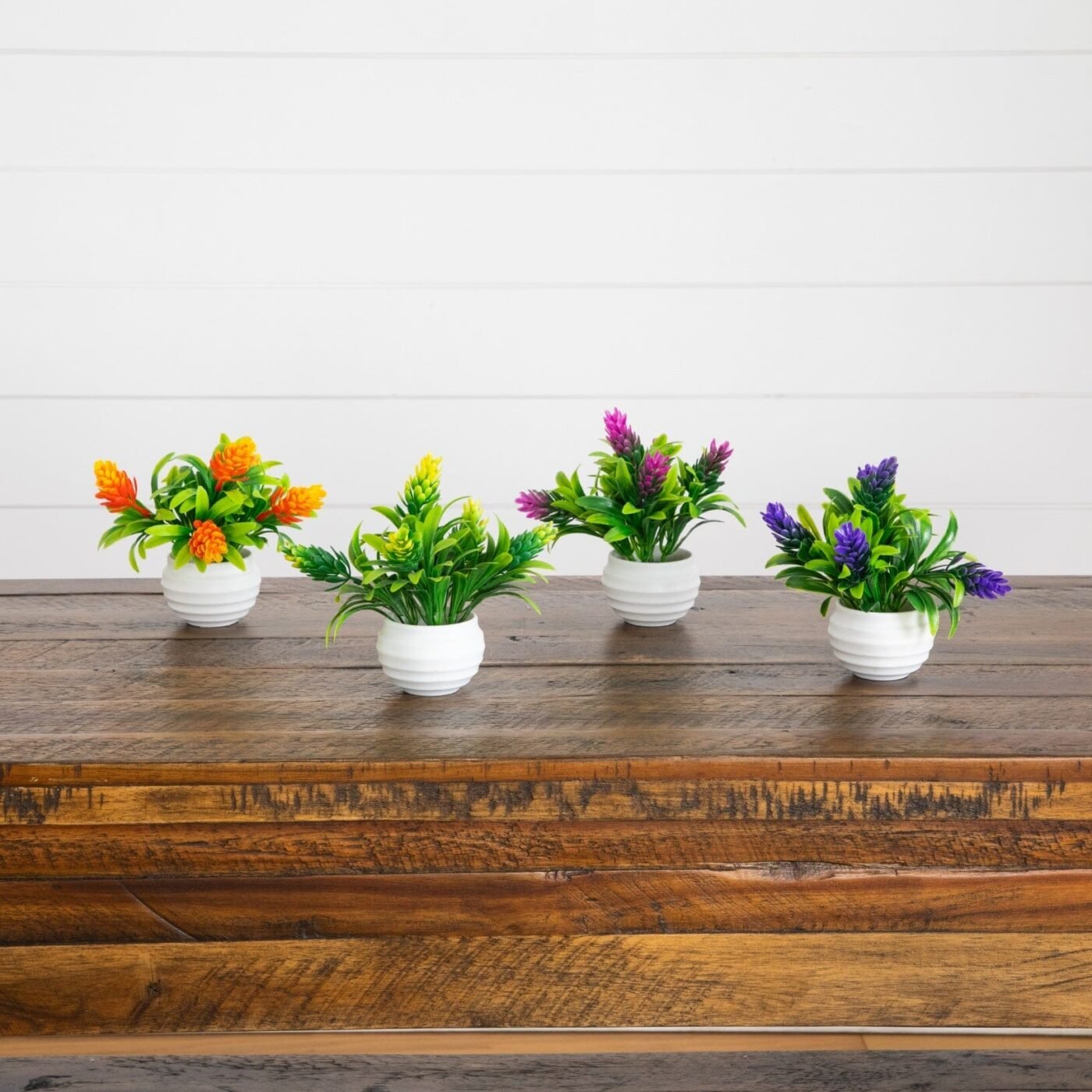 5" Artificial Mini Flowering Plant in White Decorative Oval Planter - Set of 4