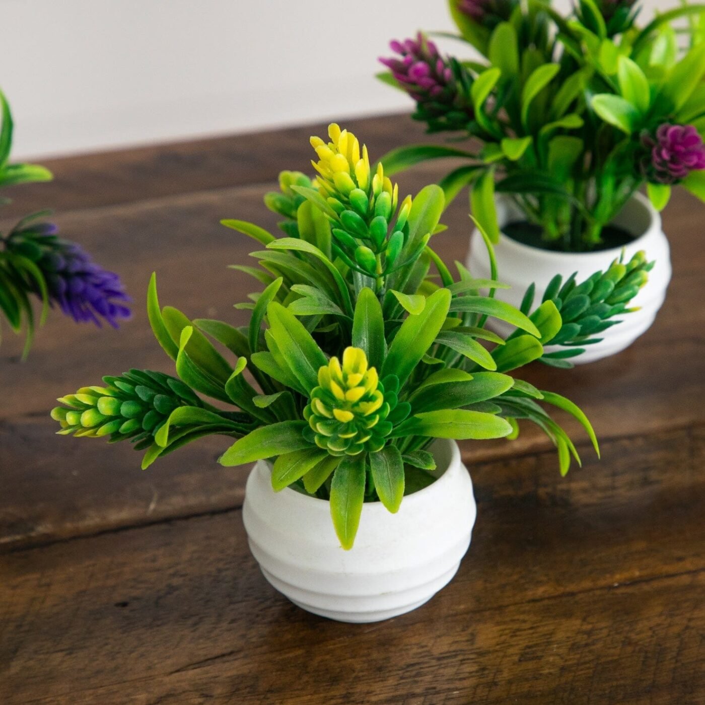 5" Artificial Mini Flowering Plant in White Decorative Oval Planter - Set of 4