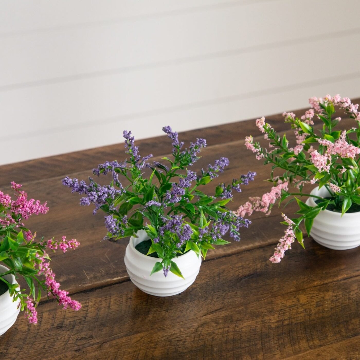 5" Artificial Mini Lavender Plant in White Decorative Oval Planter - Set of 3