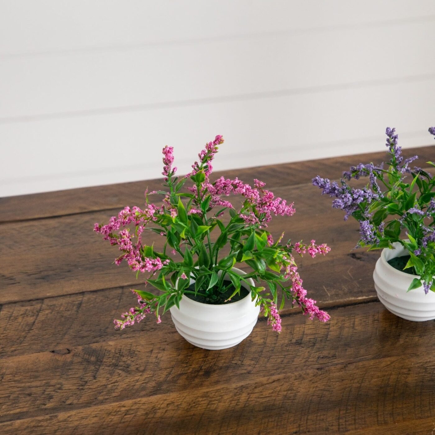5" Artificial Mini Lavender Plant in White Decorative Oval Planter - Set of 3