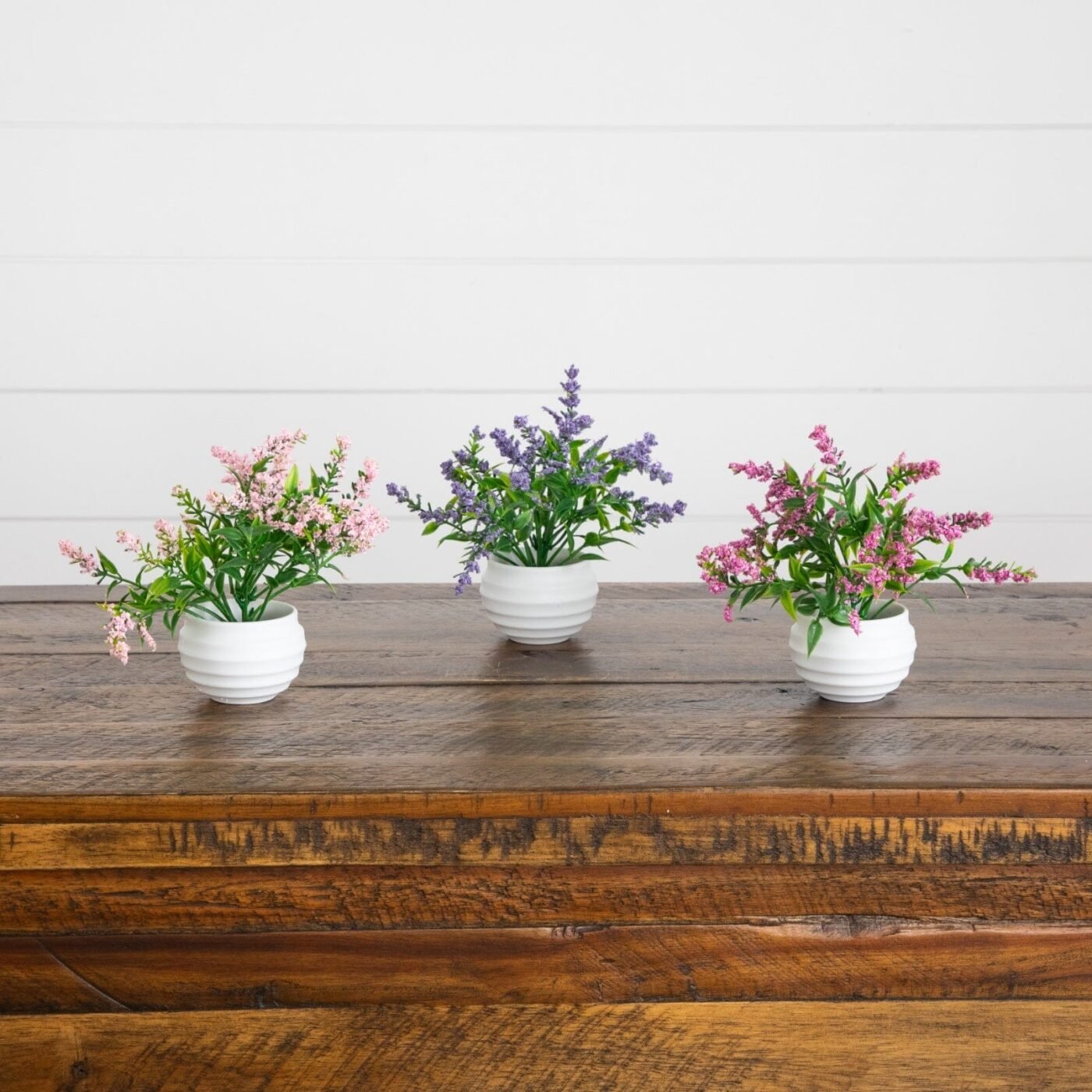 5" Artificial Mini Lavender Plant in White Decorative Oval Planter - Set of 3