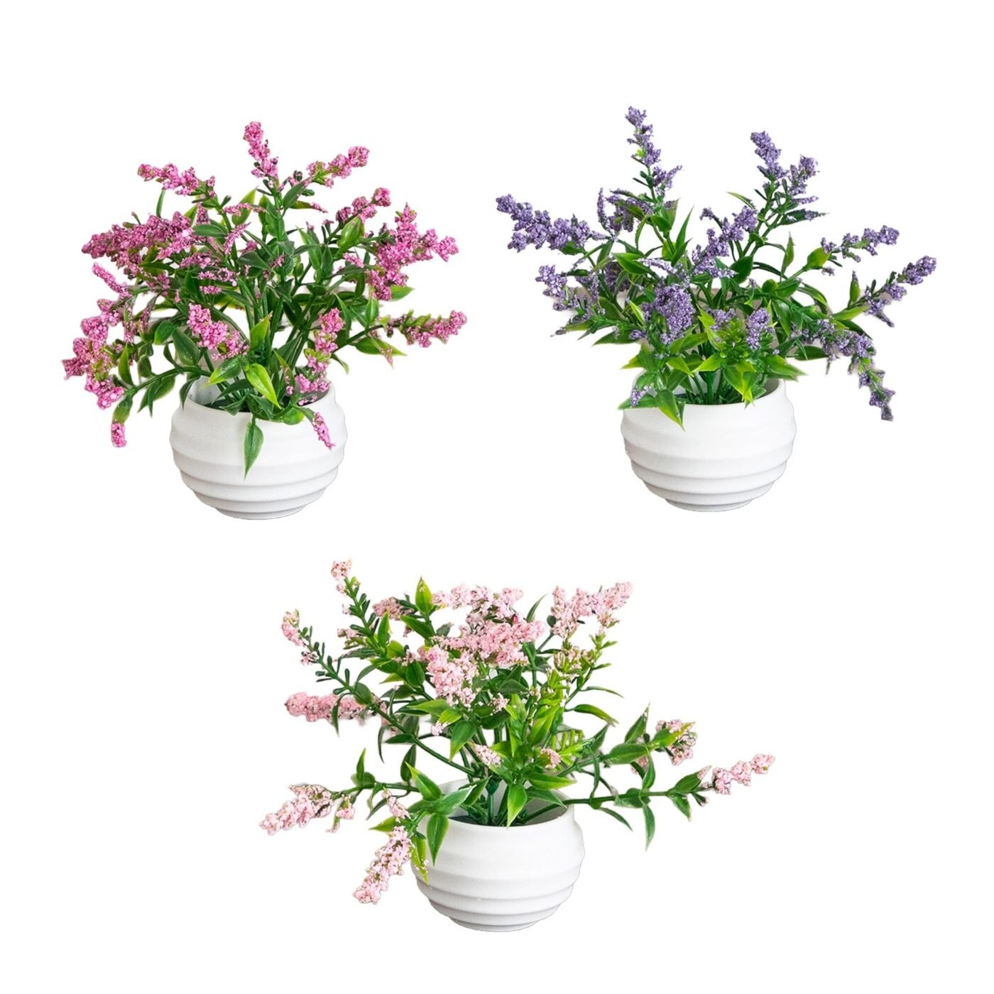 5" Artificial Mini Lavender Plant in White Decorative Oval Planter - Set of 3