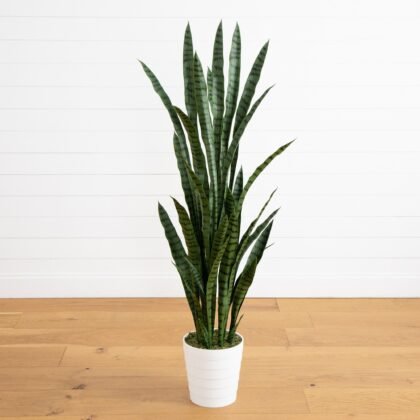 5' UV Resistant Artificial Sansevieria Plant in White Decorative Planter (Indoor/Outdoor)