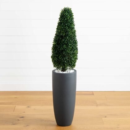 50" Boxwood Topiary with Gray Cylindrical Planter UV Resistant (Indoor/Outdoor)