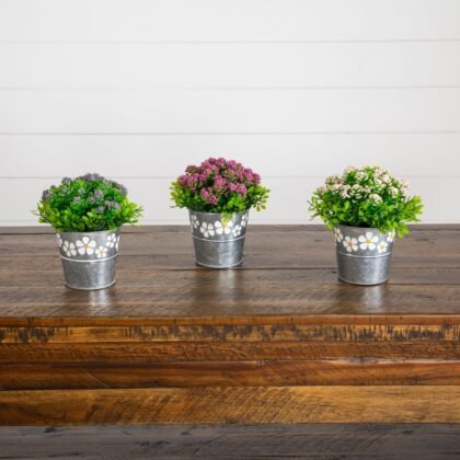 6" Artificial Succulent flowering Plant in Decorative Daisy Tin Planter -Set of 3