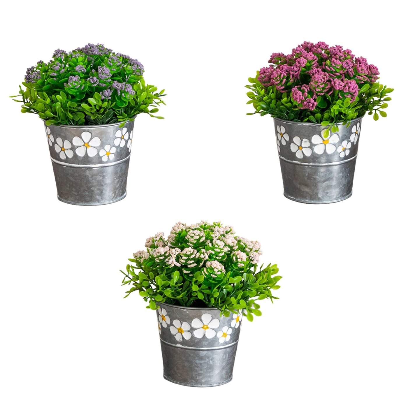 6" Artificial Succulent flowering Plant in Decorative Daisy Tin Planter -Set of 3