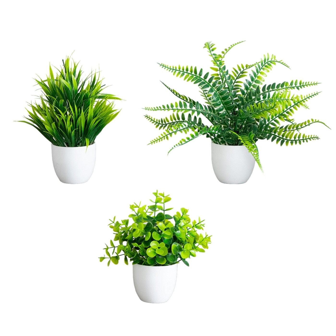 7" Artificial Mixed Evergreen Plant in White Round Pot - Set of 3